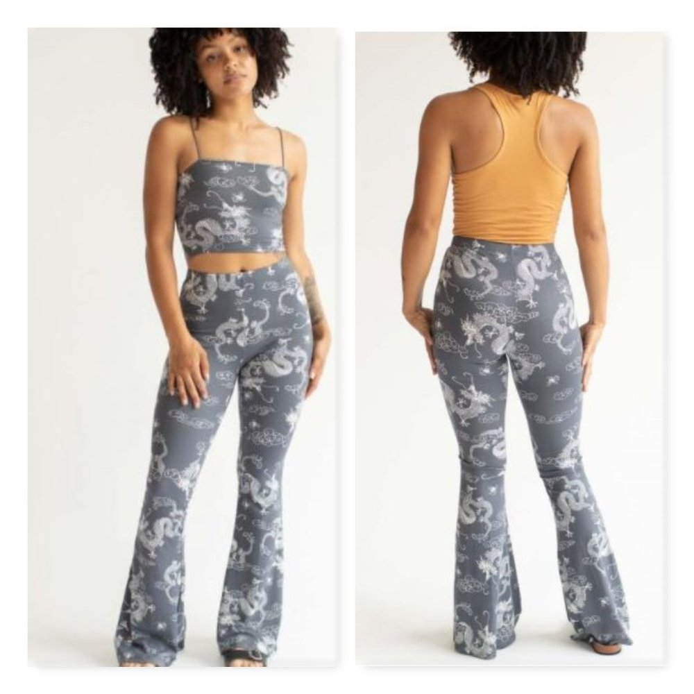 Bear Dance Gray Dragon Print Wide Leg Pants